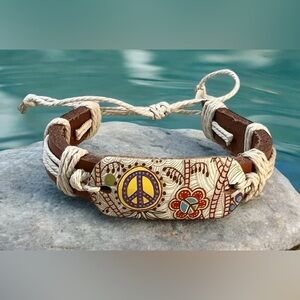 Bohemian Leather Bracelet with Peace Sign
